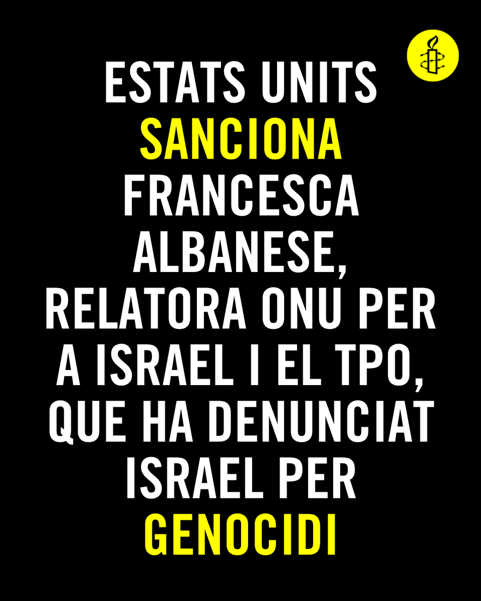 Amnistia Internacional Catalunya (@amnistiacat) on Twitter photo ‼️GREU ‼️ Els EUA sancionen <a href="/FranceskAlbs/">Francesca Albanese, UN Special Rapporteur oPt</a>, qui ha denunciat Israel per genocidi. Això és una continuació de l'assalt de l'administració Trump al dret internacional i dels seus esforços per protegir el govern israelià de la rendició de comptes pels seus crims sigui com sigui. ‼️GREU ‼️ Els EUA sancionen <a href="/FranceskAlbs/">Francesca Albanese, UN Special Rapporteur oPt</a>, qui ha denunciat Israel per genocidi. Això és una continuació de l'assalt de l'administració Trump al dret internacional i dels seus esforços per protegir el govern israelià de la rendició de comptes pels seus crims sigui com sigui.