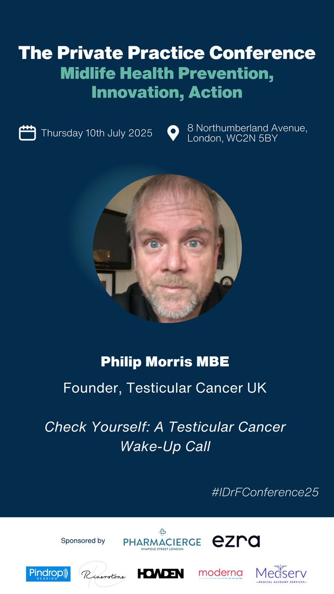 idrf_uk's tweet image. Philip Morris MBE of @TesticularCuk brings a vital "Check Yourself: A Testicular Cancer Wake-Up Call" to #IDrFConference25. Awareness saves lives!