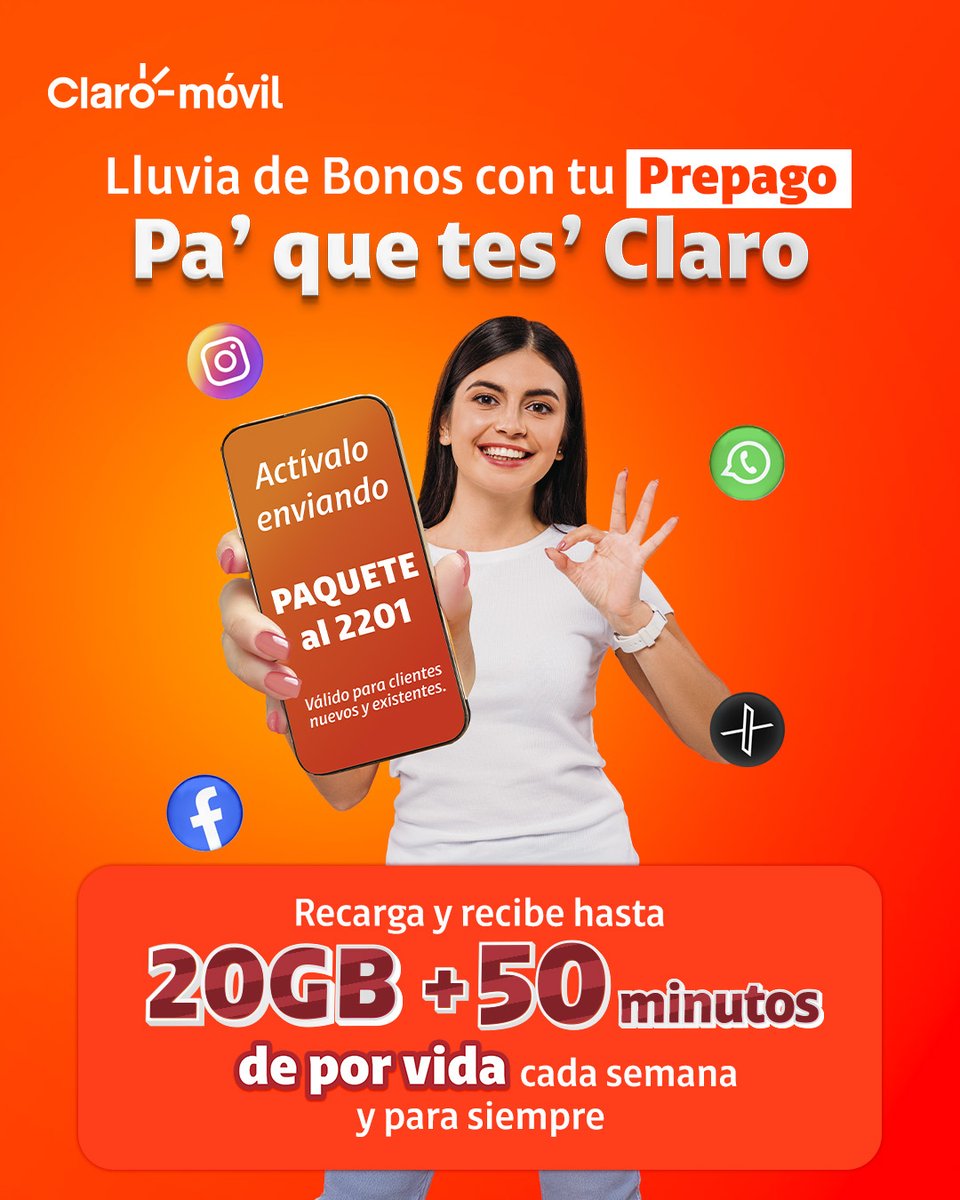 📱 ¡Tus recargas ahora rinden mucho más!

Con tu número prepago Claro, activa bonos cada semana y recibe gigas y minutos de por vida. 🔥

Solo envía PAQUETE al 2201 y comienza a disfrutar todos los beneficios. 🙌

✅ Disponible para clientes nuevos y actuales.

 #ClaroRD