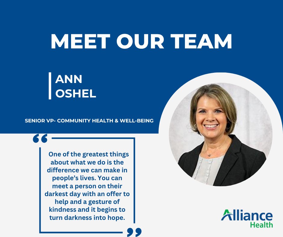 Meet Ann Oshel, our Senior VP- Community Health &amp; Well-Being. Ann has led Alliance’s community engagement since the company’s inception in 2012. 

She has oversight for priority initiatives, including community outreach, supportive housing, system of care, and community change.