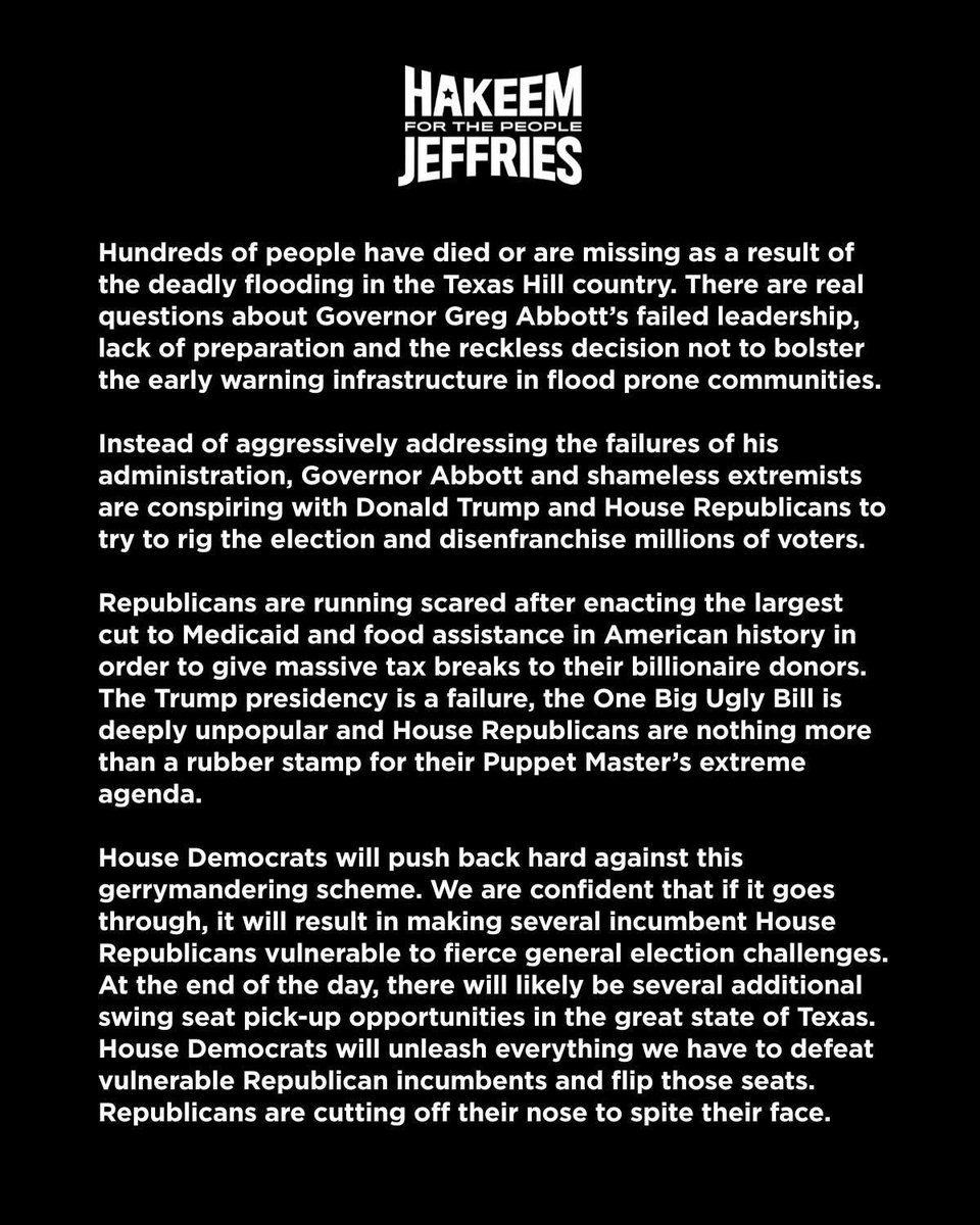 hakeemjeffries's tweet image. Governor Abbott and House Republicans are conspiring to rig the Texas congressional map.
The extremists know they cannot win a free and fair election.
They must be stopped.