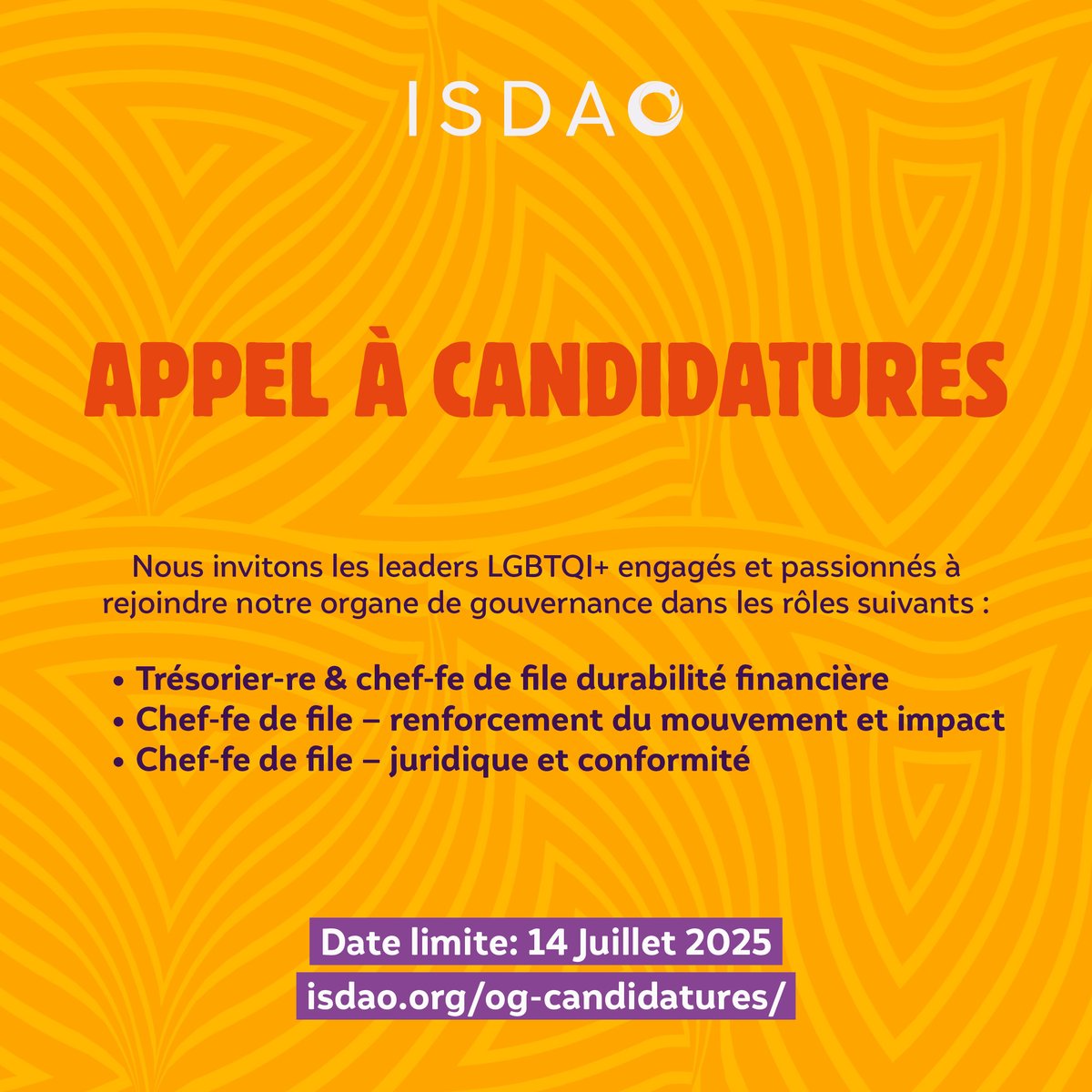 ISDAOSankofa's tweet image. 📢 L&apos;ISDAO recherche de nouveaux membres pour son organe de gouvernance afin de l&apos;aider à faire avancer sa mission et à soutenir les mouvements LGBTQI+ en Afrique de l&apos;Ouest.

Les candidatures sont ouvertes jusqu&apos;au 14 juillet 2025. ‼️

🔗 Postulez ici : isdao.org/og-candidature…