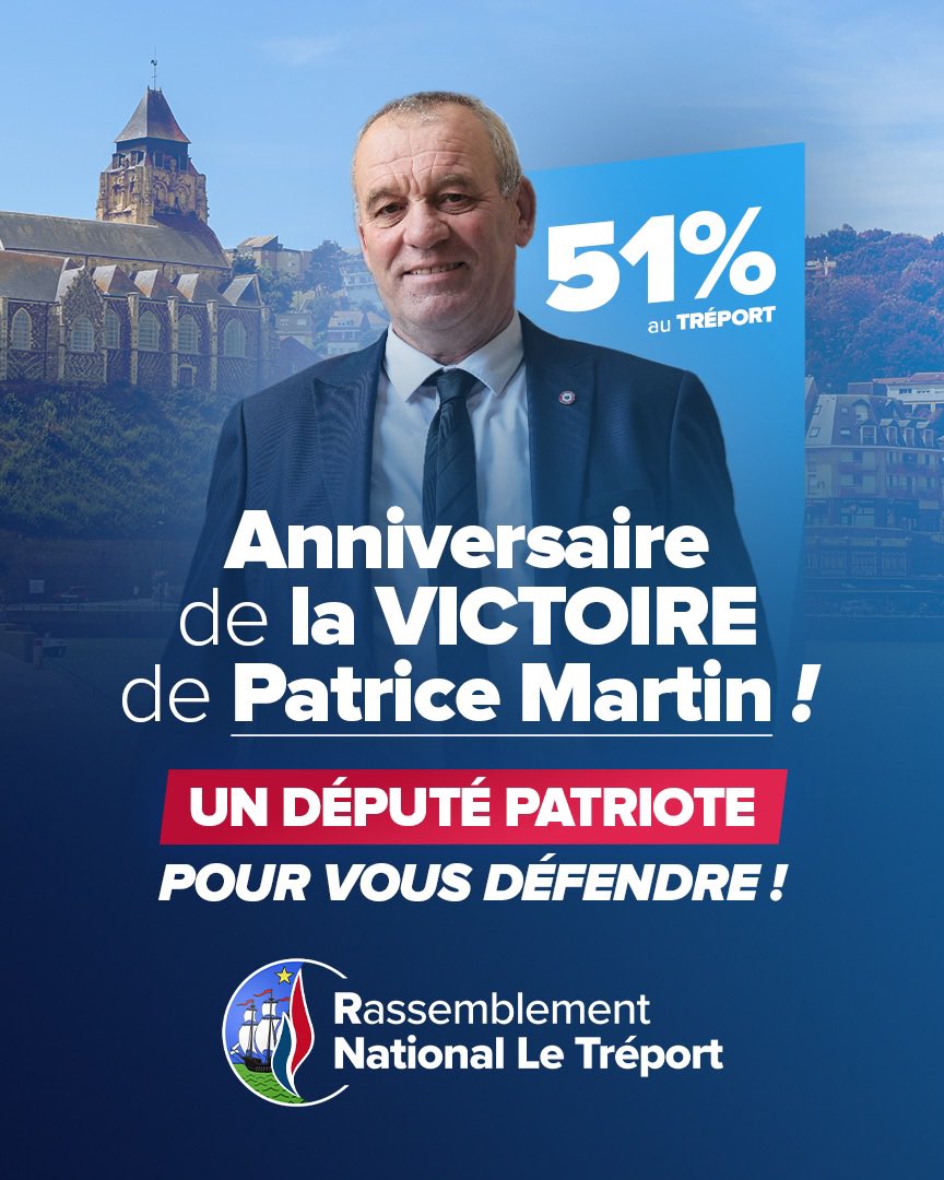 RN Le Tréport (@rnletreport) on Twitter photo 🇫🇷 Le 7 juillet 2024, <a href="/PatriceMartinRN/">Patrice Martin</a> a remporté la 6e circo. de Seine-Maritime en arrivant en tête au Tréport !
Depuis un an, il se bat aux côtés des députés du <a href="/groupeRN_off/">Groupe Rassemblement National</a> contre l’immigration massive, pour nos pêcheurs, nos agriculteurs et votre pouvoir d’achat ! 🇫🇷 Le 7 juillet 2024, <a href="/PatriceMartinRN/">Patrice Martin</a> a remporté la 6e circo. de Seine-Maritime en arrivant en tête au Tréport !
Depuis un an, il se bat aux côtés des députés du <a href="/groupeRN_off/">Groupe Rassemblement National</a> contre l’immigration massive, pour nos pêcheurs, nos agriculteurs et votre pouvoir d’achat !
