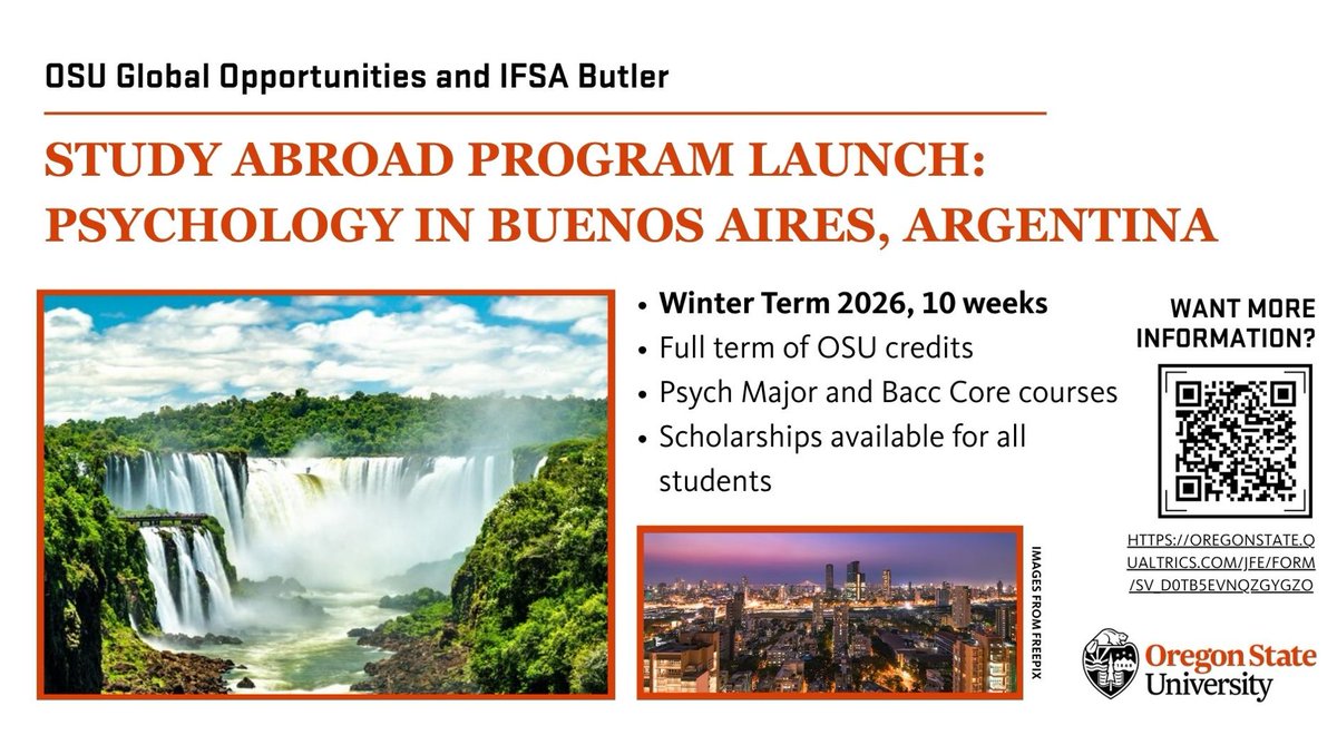 OSU Global Opportunities and IFSA Butler
STUDY ABROAD PROGRAM LAUNCH: PSYCHOLOGY IN BUENOS AIRES, ARGENTINA

• Winter Term 2026, 10 weeks
• Full term of OSU credits
• Psych Major and Bacc Core courses
• Scholarships available for all students

oregonstate.qualtrics.com/jfe/form/SV_d0…