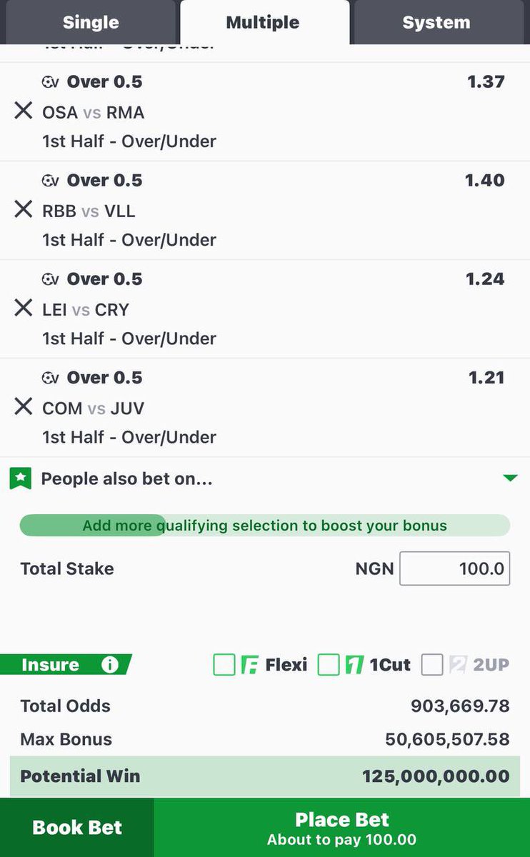 Halftime Over 0.5 Midnight Spreadsheet v_football 

Flexbet by 3 still 30millionaire
 
If everything set well we suppose win millions before 7am tomorrow 

Who’s active + Ready  Tap ❤️