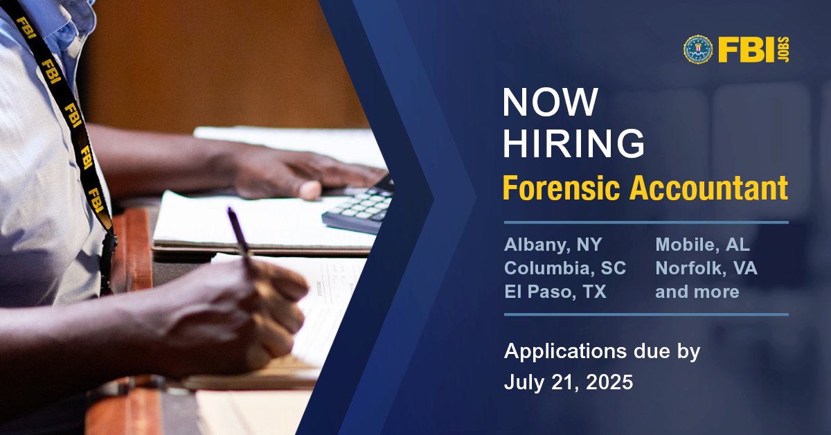 FBIJobs's tweet image. Time’s almost up. The FBI is hiring forensic accountants—but not for long. Don’t miss your chance to make the strategic career choice to be a part of creating a safer, more secure future. Applications close July 21. Apply today.
ow.ly/CuUe50Wn1sw