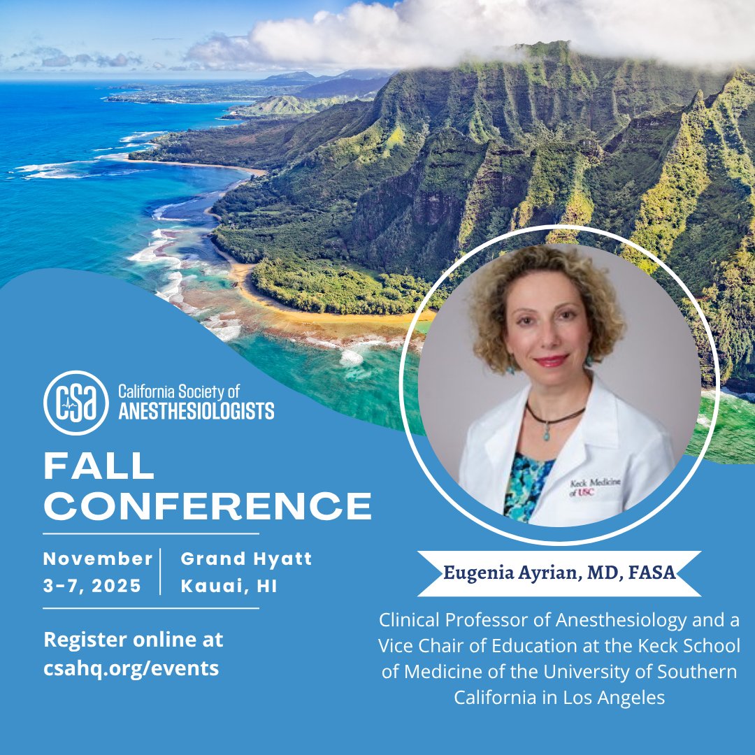 CSAHQ's tweet image. 🌺 Join us in Kauai for the CSA 2025 Fall Anesthesia Conference!
🗓️ Nov 3–7, Grand Hyatt Kauai
🎤 Featuring Dr. Eugenia Ayrian, MD, FASA with 3 dynamic sessions on neuroanesthesia & perioperative brain health.
👉 ow.ly/LSk450Wn8Ym
#Anesthesia #Neuroanesthesia #CSAFallConf25