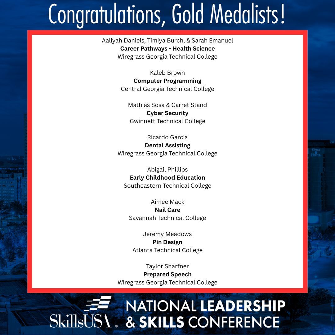 SkillsUSA Georgia PS (@skillsusagaps) on Twitter photo Congratulations to our SkillsUSA Georgia Postsecondary National Gold Medalists from @WiregrassTech, <a href="/CGTC/">Central Georgia Tech</a>, <a href="/GwinnettTech/">Gwinnett Technical College</a>, @STCGeorgia, <a href="/SavTech/">Savannah Tech</a>, and <a href="/AtlTechCollege/">Atlanta Technical College</a>!
#skillsusa #skillsusagaps #tcsg #NLSC @tcsg Congratulations to our SkillsUSA Georgia Postsecondary National Gold Medalists from @WiregrassTech, <a href="/CGTC/">Central Georgia Tech</a>, <a href="/GwinnettTech/">Gwinnett Technical College</a>, @STCGeorgia, <a href="/SavTech/">Savannah Tech</a>, and <a href="/AtlTechCollege/">Atlanta Technical College</a>!
#skillsusa #skillsusagaps #tcsg #NLSC @tcsg