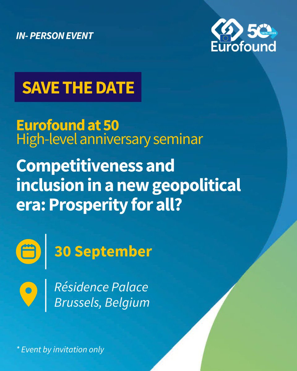 eurofound's tweet image. 📣 SAVE THE DATE
Eurofound 50th Anniversary seminar
Competitiveness and inclusion in a new geopolitical era: Prosperity for all?
📆 30 September 2025
📍 Résidence Palace, Rue de la Loi 155, 1040 Brussels
Learn more: eurofound.europa.eu/en/events/comp…