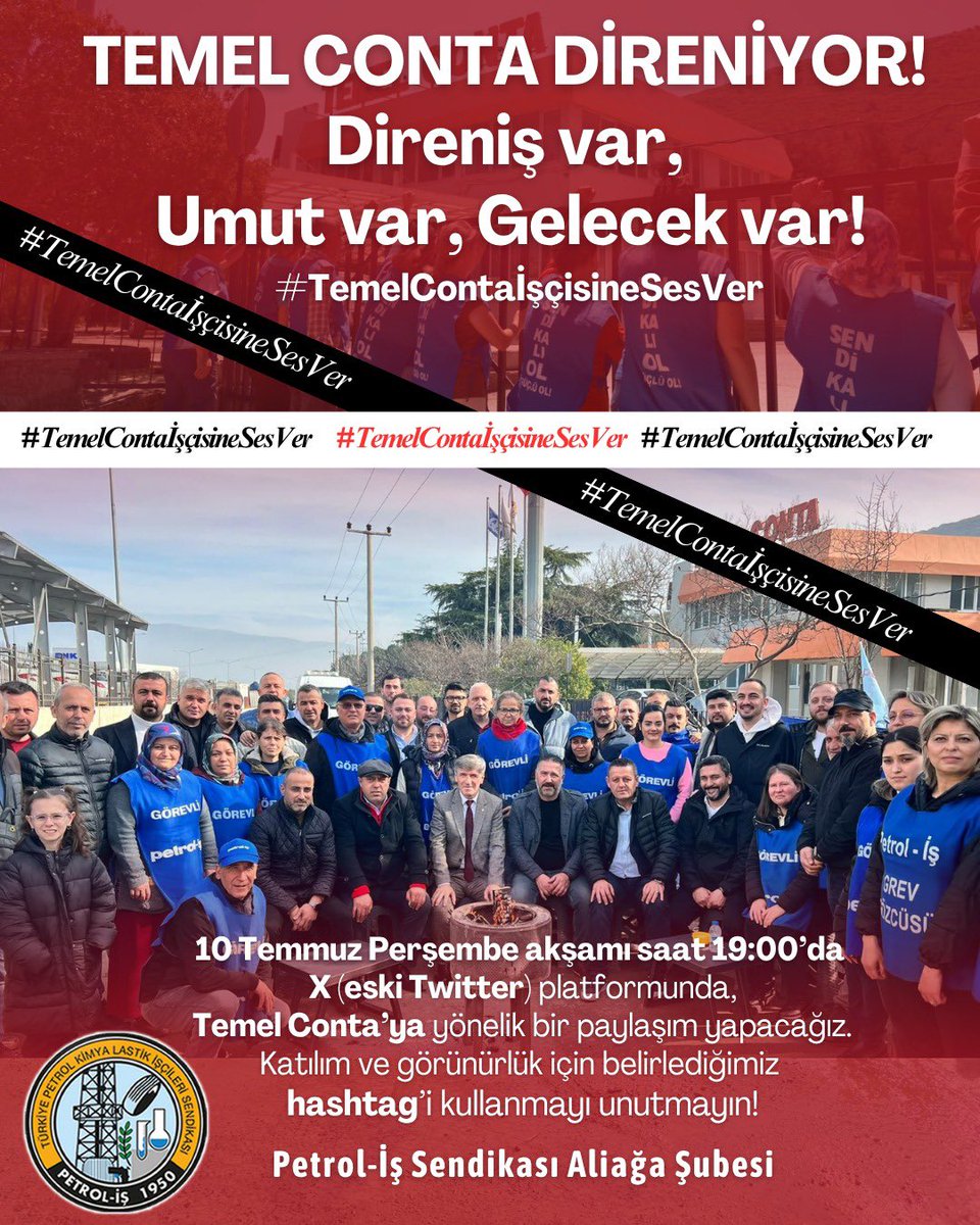 Üyelerimiz Sendikal Hakları, Adil ve Onurlu Bir Yaşam İçin 213 Gündür Direniyor. Temel Conta Grevi İşverenlerin Keyfi Tutumlarına, Sendikasızlaştırma Politikalarına, Grev Kırıcılığına Karşı Tüm İşçi Sınıfı Adına Büyüyerek Devam Ediyor. Mücadelemizden Vazgeçmeyeceğiz! Yaşasın