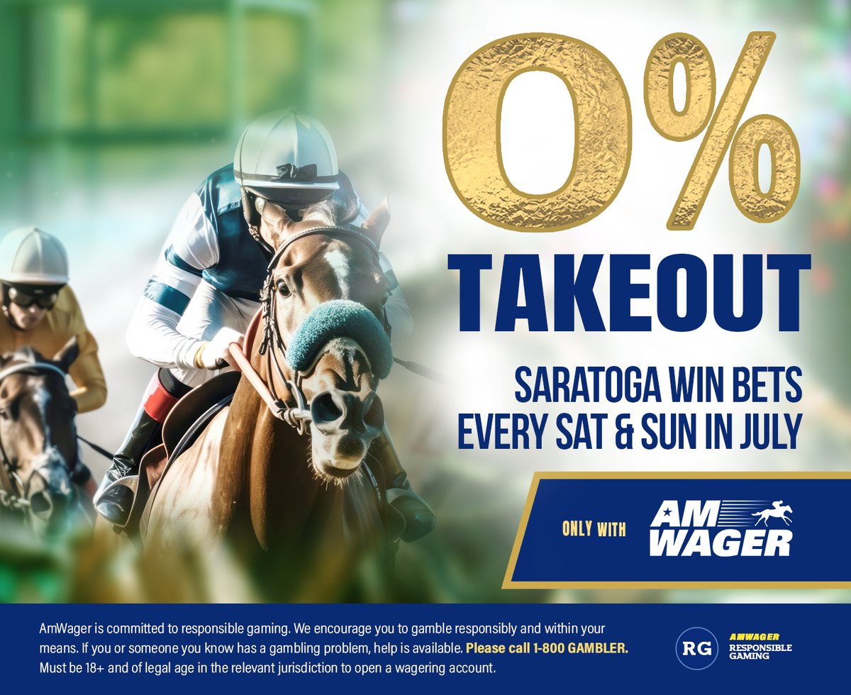 It's opening day at the Spa! Play racing from Saratoga today with first post at 1:10pm Et on the ten race card! Don't forget about our "Super Spa Weekends" where our AmWager players get 0% Takeout on ALL WIN bets! Opt in this weekend and play, exclusive for AmWager players!