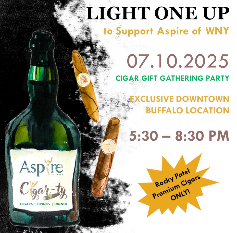 downtown tobacco & gift Cigar-ty is tonight! Join us at an exclusive downtown location to support  Aspire of WNY with Rocky Patel cigars, dinner, drinks, and great company.  Tickets available online and at the door: https://t.co/eWWKqqBY0k