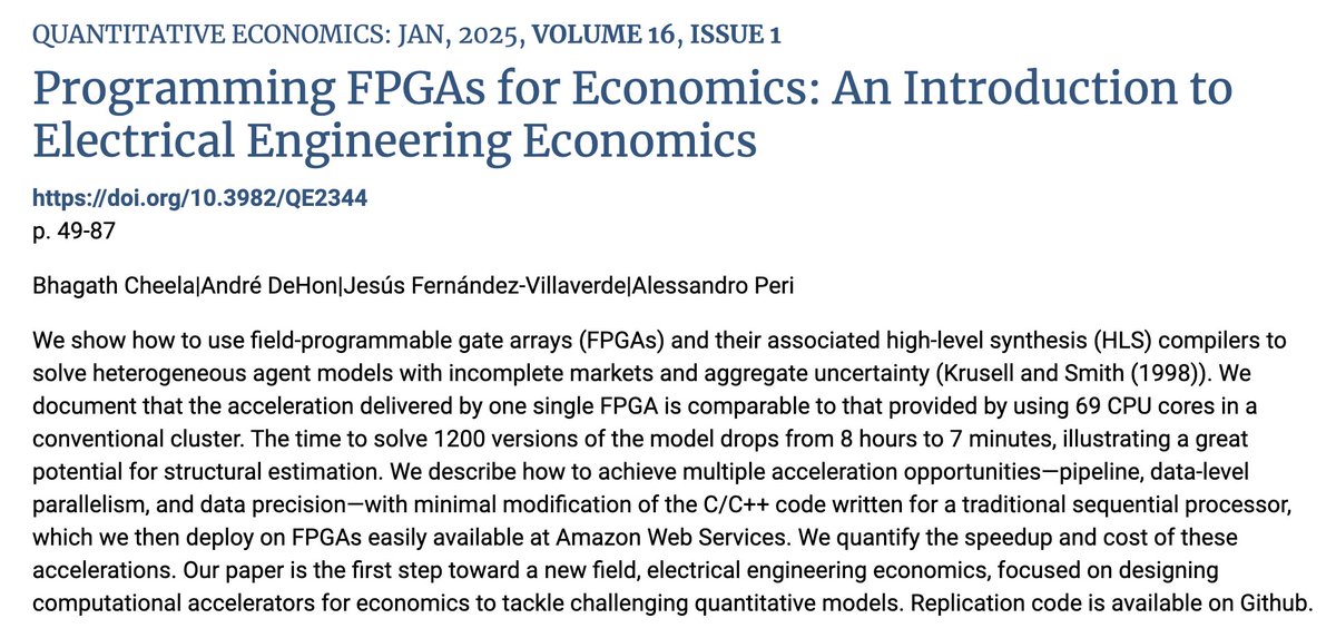 💻 If you’re serious about computation in economics, you eventually need to get serious about hardware. And that includes FPGAs 🔌.

⚙️ Field-programmable gate arrays (FPGAs) allow users to configure programmable logic blocks to execute specific algorithms, avoiding the