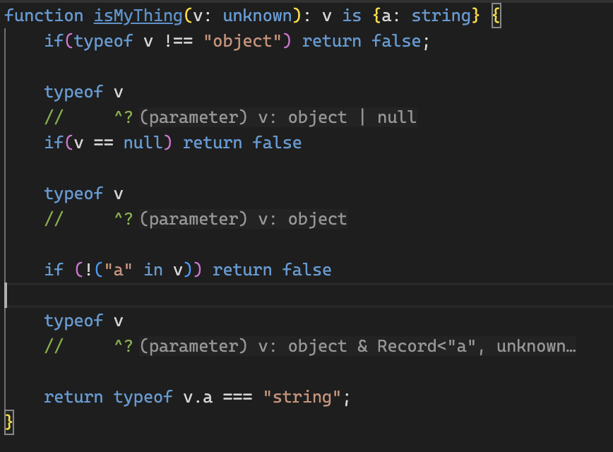 markuswendorf's tweet photo. @DasSurma Illustrating the narrowing steps one by one (type "object" is only one step better than unknown, you can check for properties now):

https://t.co/LLCdIie7mF https://t.co/gSDzz6EHp4
