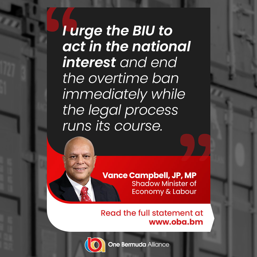 This isn’t sustainable, and Bermudians are paying the price. 

Shadow Minister Vance Campbell is once again calling on the BIU to lift the ban immediately while the matter is before the courts.
 
Read his statement: ow.ly/K45J50WnKGe