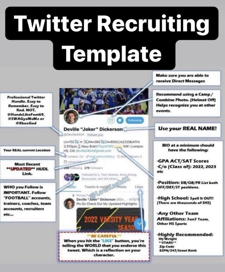 This is the time to check your bio and make sure it is set up the correct way. Please use this as an example and make the appropriate corrections/changes. Also, pin your most recent highlights so college coaches can find them easily. #RecruitSeahawks