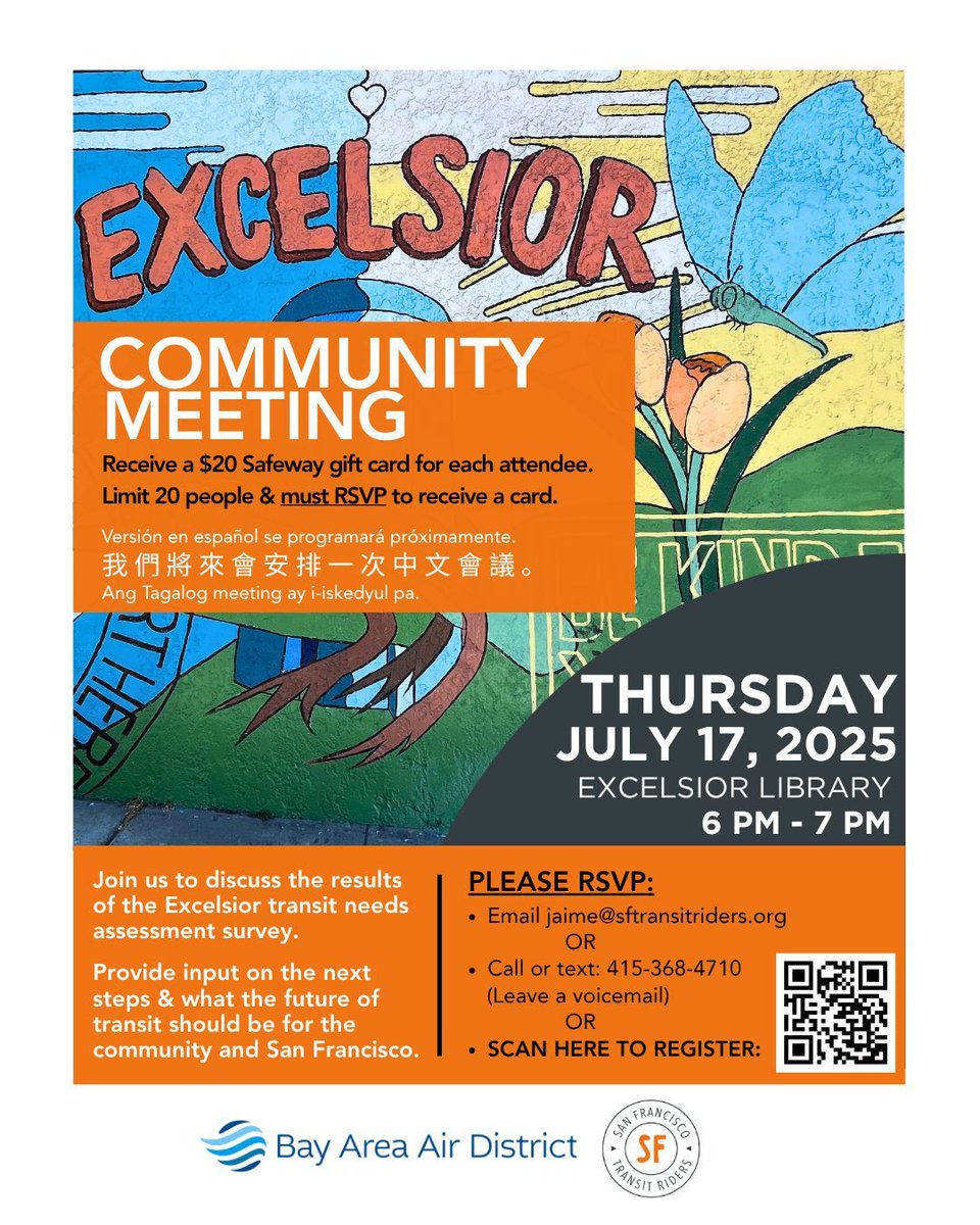 SFTRU's tweet image. Join San Francisco Transit Riders and @AirDistrict on 7/17 at 6 pm for a Community Meeting in the Excelsior Neighborhood. There, we'll be discussing the results of the Excelsior Transit Needs Assessment survey.
RSVP here: buff.ly/LjSHgno