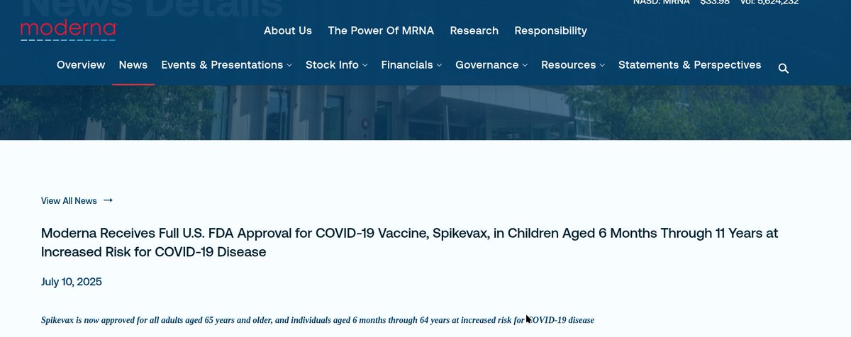 Teil der "Make America Healthy Again" Kampagne: 
"Moderna erhält vollständige US-Zulassung der FDA für COVID-19-Impfstoff Spikevax für Kinder im Alter von 6 Monaten bis 11 Jahren mit erhöhtem Risiko für eine COVID-19-Erkrankung"