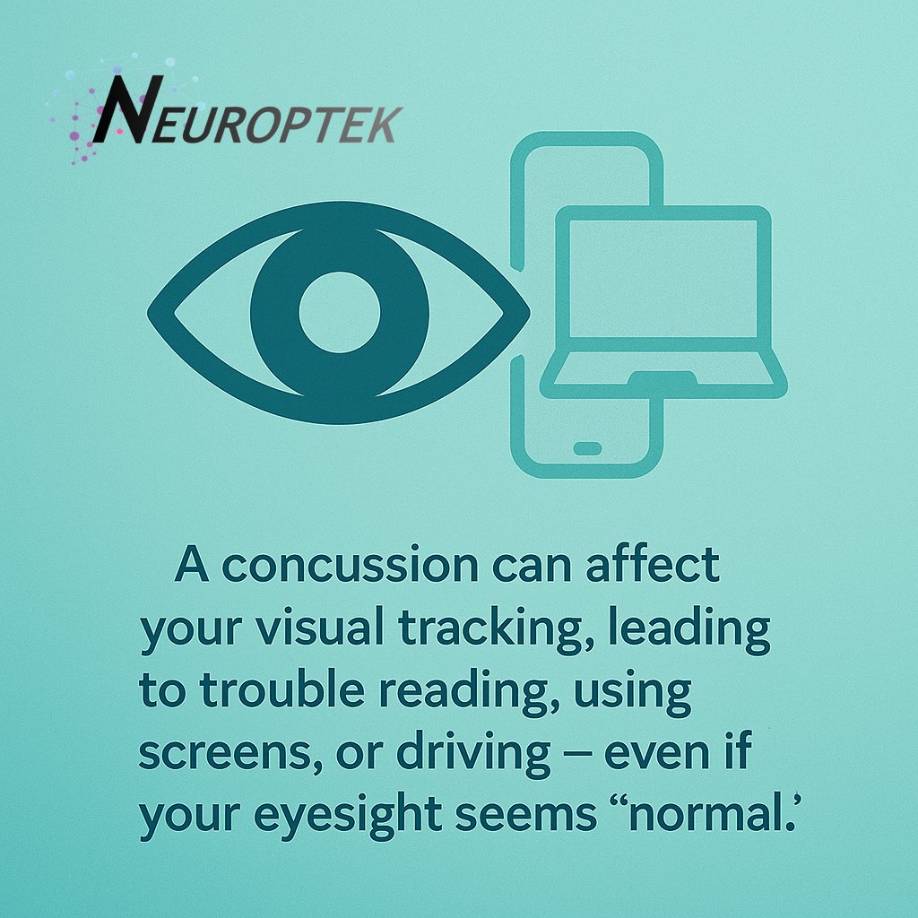 neuroptek's tweet photo. PSA: Concussion can disrupt visual tracking even when eyesight tests "normal"  This affects reading, screen use, driving - daily functions beyond basic vision.  Why comprehensive visual assessment matters in concussion care.  #Neuroptek #BrainHealth #VisionScience https://t.co/rCOoBu8TNK