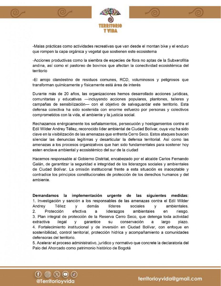 Christian Robayo Arias (@robayochristian) on Twitter photo Denuncia Pública sobre la Reserva Cerro Seco y las amenazas a nuestro Edil <a href="/GritosDelCerro/">Wilder Andrey Téllez González</a> por parte de intereses empresariales, de la minería, de la expansión urbana y de los negociantes de la vida. Responsabilizamos al gobierno de <a href="/CarlosFGalan/">Carlos F. Galán</a> por la seguridad de nuestro líder Denuncia Pública sobre la Reserva Cerro Seco y las amenazas a nuestro Edil <a href="/GritosDelCerro/">Wilder Andrey Téllez González</a> por parte de intereses empresariales, de la minería, de la expansión urbana y de los negociantes de la vida. Responsabilizamos al gobierno de <a href="/CarlosFGalan/">Carlos F. Galán</a> por la seguridad de nuestro líder