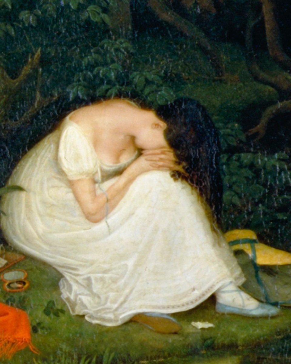 V_and_A's tweet image. The art of heartbreak. 💔
Francis Danby’s first exhibited painting, Disappointed Love, became one of his best-known. A heartbroken woman sits in a melancholic pose, with a bonnet, shawl, torn letter, and a lover’s portrait beside her, symbols of love lost.