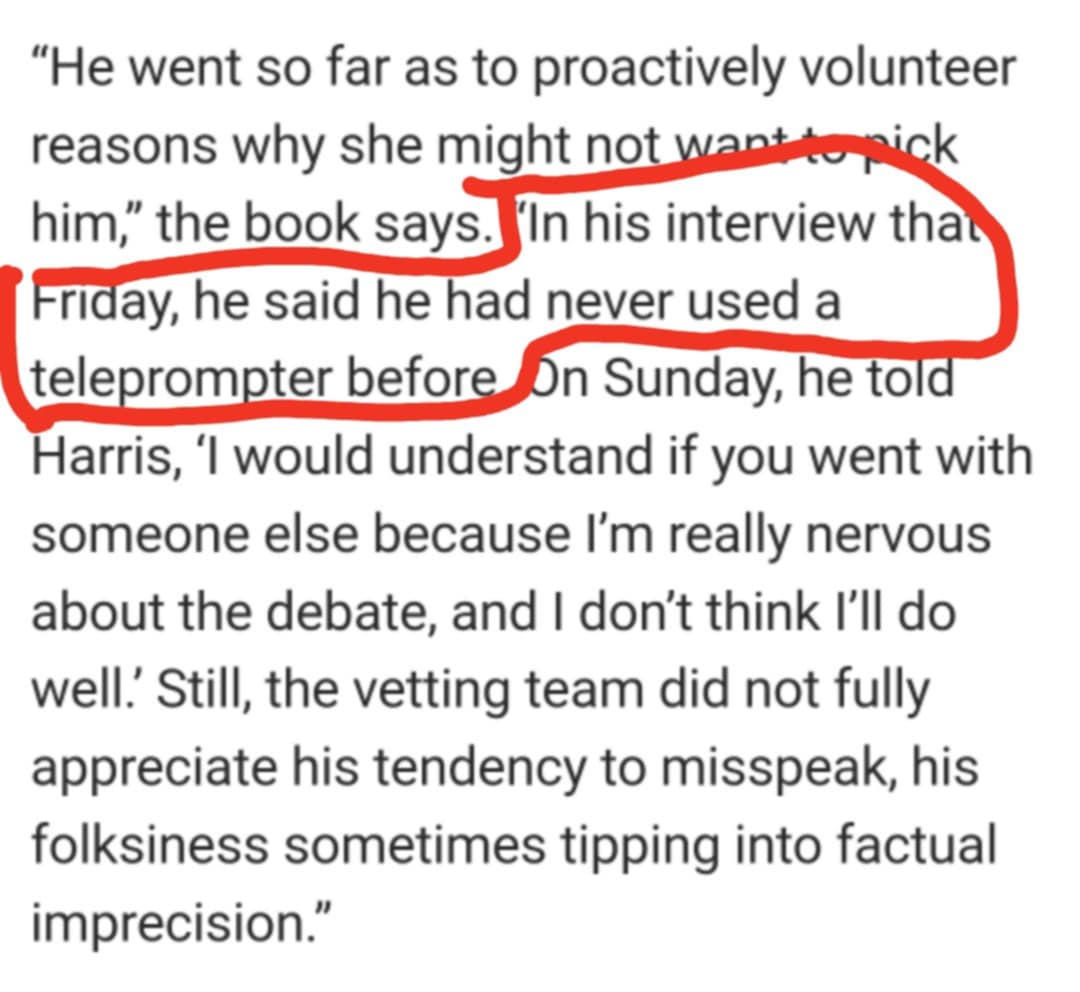 MNUpNorthLakeG1's tweet image. NEW BOOK reveals more #TimWalzLies
Gov. Tim Walz told Kamala Harris during VP interview he "had never used a teleprompter before."
Minnesotans saw the reflection of a teleprompter in Tim Walz's glasses when he announced on television his state lock down state in March 2020.