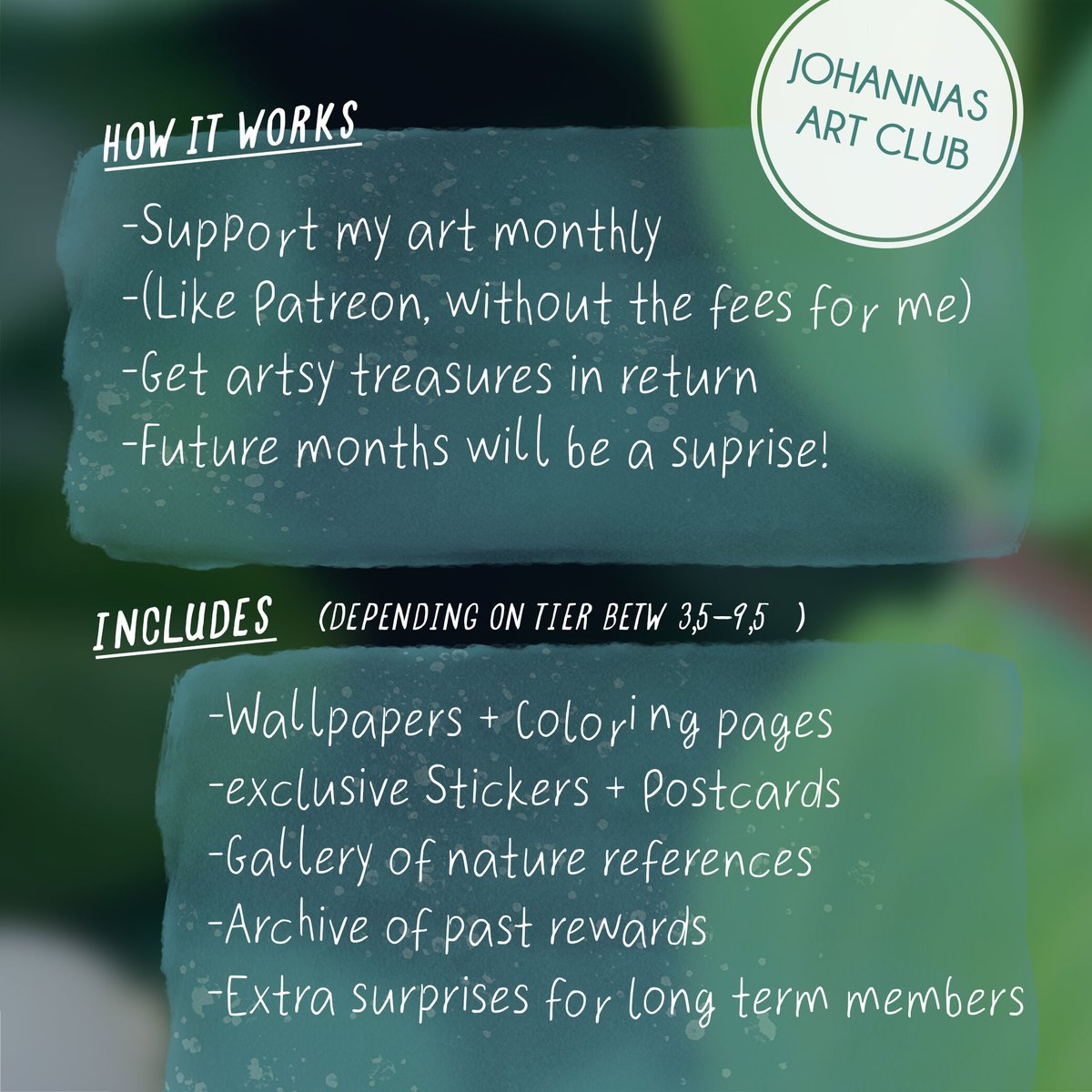 andthegrunlings's tweet image. I`m excited 🤩 I thought about this for so long but here it is: I start a monthly art club, where you can support my art monthly and get surprises made with love in return 🌱 Find out more here:
johannaforster.com/plans-pricing