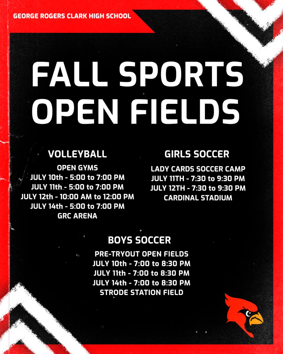 2025 Tryout / First Practice / Open Fields Information for our fall sports 🏈⚽️🏐⛳️🎣🏃🏃‍♀️

GO CARDS‼️

*Everyone MUST have a valid sports physical to participate