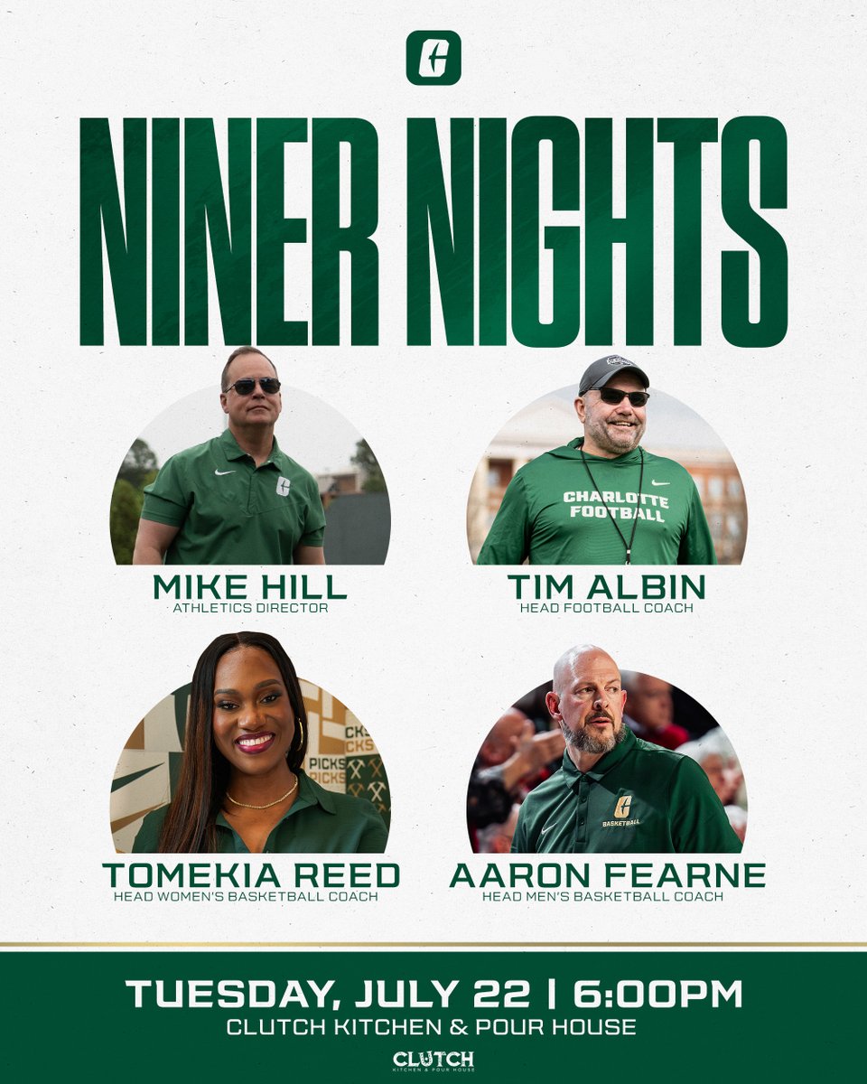 Charlotte49ers's tweet image. Tomorrow’s the night, Niner fam! 💚
Join us at Clutch for a FREE night with Coaches Albin, Fearne & Reed — it’s your chance to ask questions, connect, and rep Charlotte!
🎤 Doors open soon — RSVP while there’s still time!
🎟️ & 💬» clt49e.rs/NinerNights