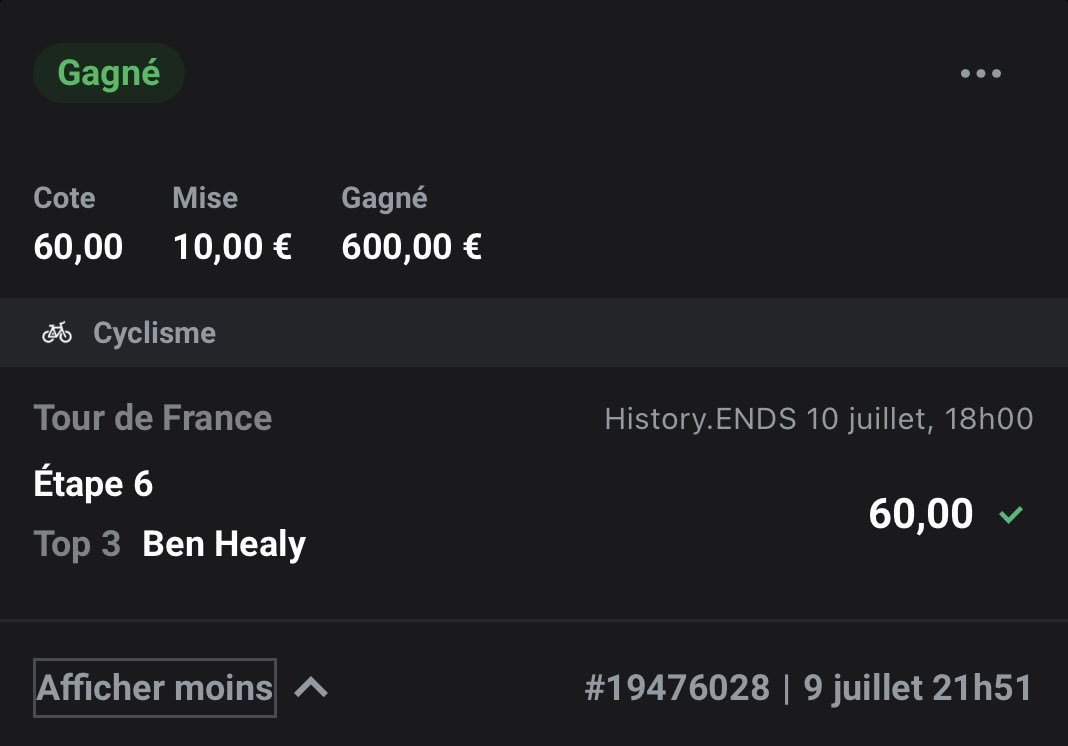 En cherchant la cote du podium de Barré hier soir je tombe sur cette erreur chez Tagada : Healy T3 <a href="/60/">60</a>. Je clique, c’est accepté (je l’avais déjà pick en win). Et Healy nous fait du Healy et le bet passe 😄 Alors merci Ben et merci Louis aussi !
#TDF2025