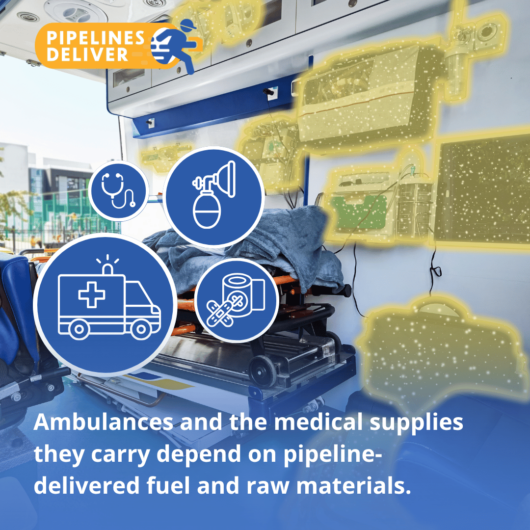 TexasPipelines's tweet image. HealthcareMatters: Ambulances don’t just rely on pipeline-delivered #fuel. The raw materials from #pipelines are used to make everything from the tires and plastic dashboard to the lifesaving equipment EMTs use daily. #PipelinesDeliver #healthcare #Texas pipelinesdeliver.com