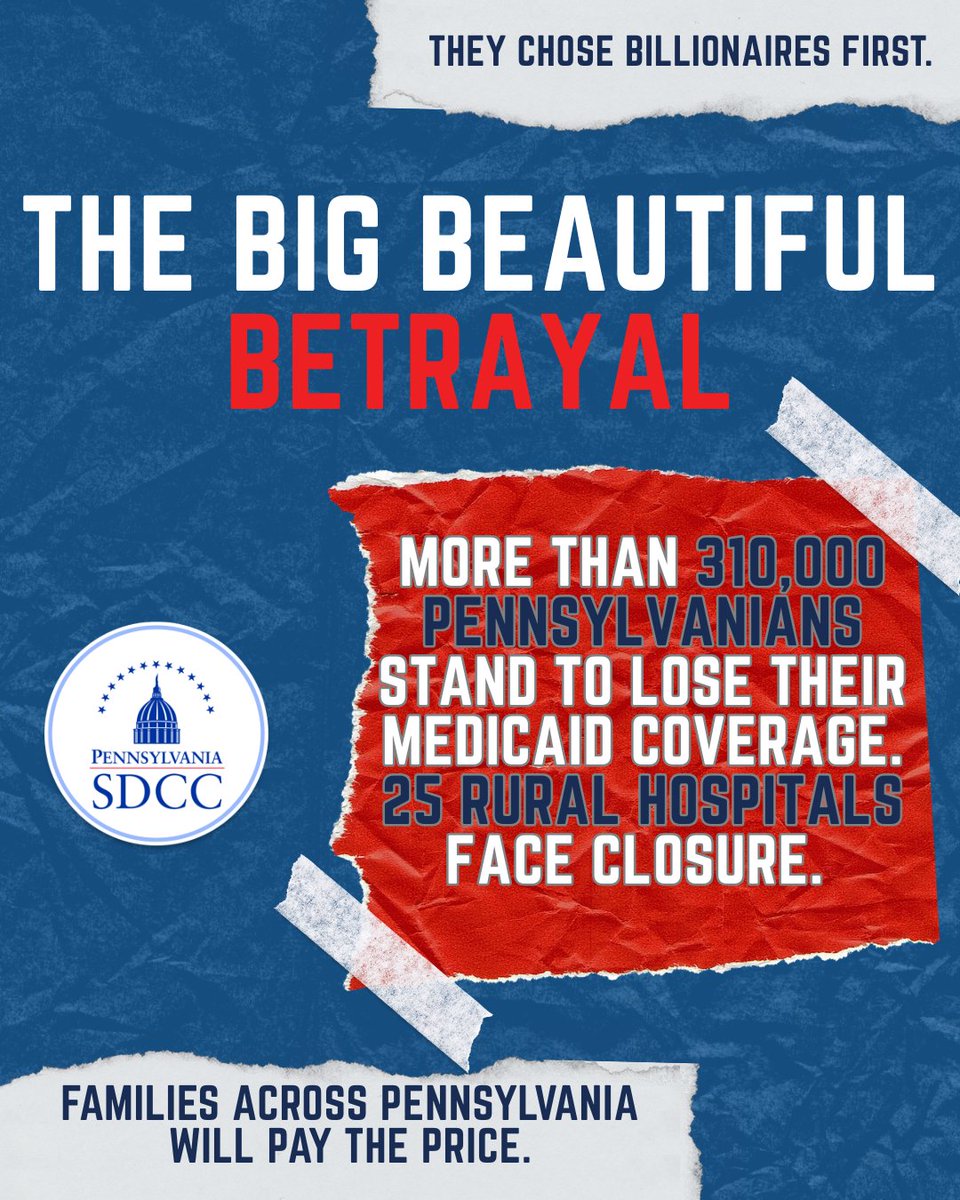 310,000 Pennsylvanians about to lose Medicaid.
25 rural hospitals on the brink.
$1 trillion slashed from Medicaid nationwide.
Families abandoned so the ultra-wealthy get tax cuts.
