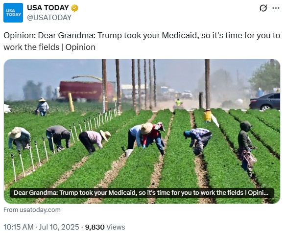 Not only is this idiotic hyperbole, but a complete and total lie.

As <a href="/DonJBacon/">Don Bacon 🇺🇸 🥓 ✈️ 🏍️ ⭐️ 🎖️</a> and others have pointed out about the Big Beautiful Bill, the elderly are exempt from these work requirements.

But whatever, USA Today. Continue to lose relevancy.