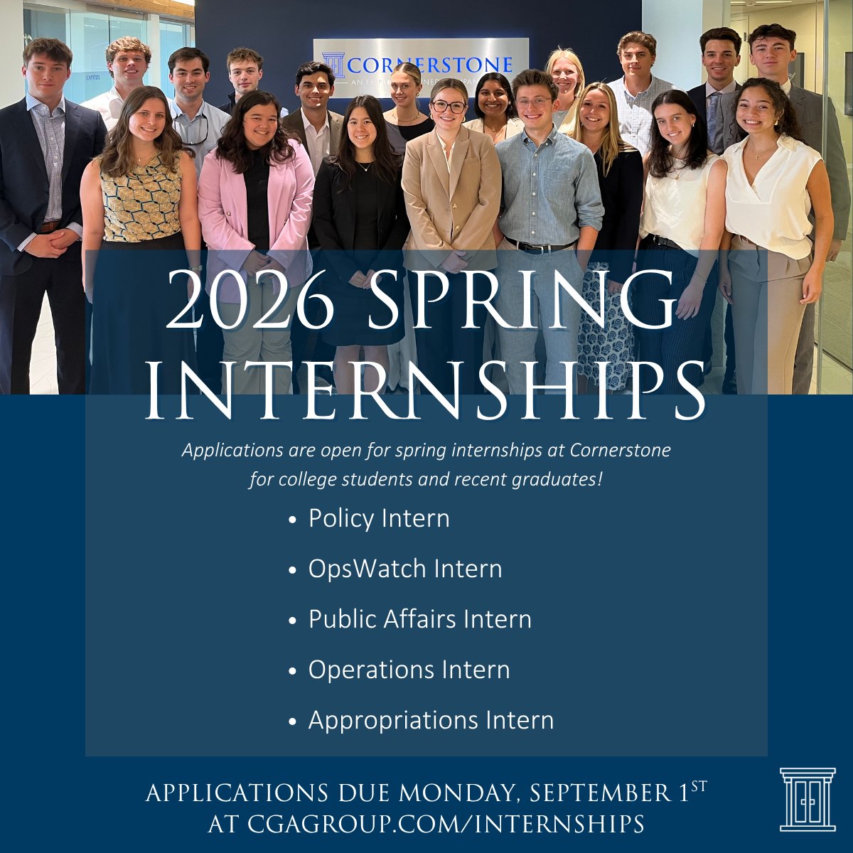 It's never too early to start planning for the future! Cornerstone's Spring 2026 Intern applications are now open to college students and recent graduates. 

Learn more and apply at: cgagroup.com/internships