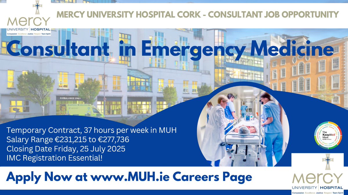 DeeORiordan8's tweet image. 🚨 #Consultant in #EmergencyMedicine Job Opening with @Mercycork 

37 hrs/week in MUH
Closing Date Friday, 25 July 2025.
Valid IMC Reg Req.

For details email Fiona Lynch on flynch@muh.ie.

Apply Now here: api.occupop.com/.../temporary-…

#HSEJobs #NHSJobs #IMC #EmergencyConsultant