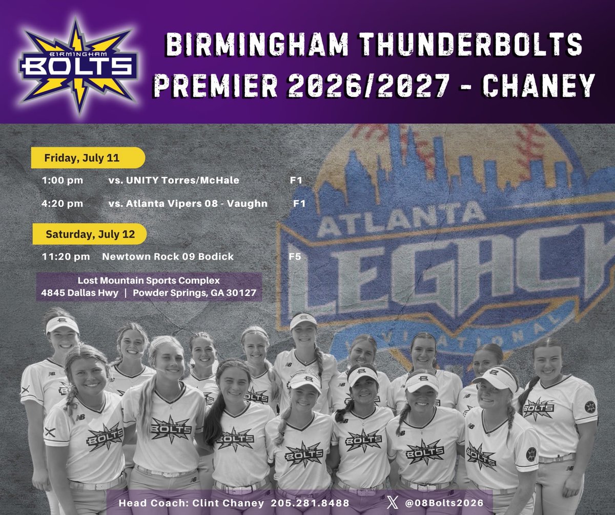 So excited to be headed down today for Atlanta Legacy! Make sure to come check us out on the field this weekend at Lost Mountain Sports Complex. Go Bolts!!🥎💜#boltsboom #atlantalegacy #summerball