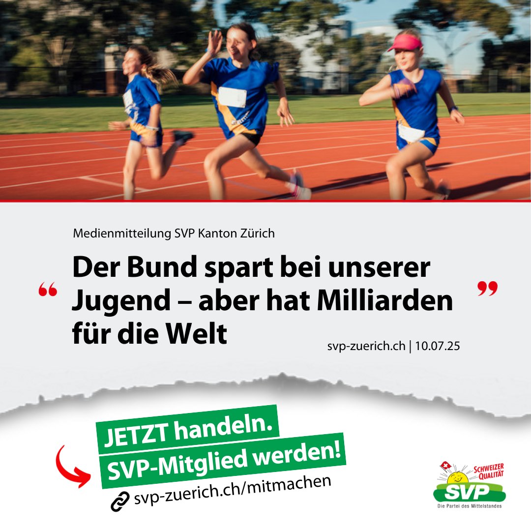 svpzh's tweet image. Der Bund will ab 2026 die Beiträge an das erfolgreiche Sportförderprogramm Jugend+Sport (J+S) um 20% kürzen.
Für Entwicklungshilfe, internationale Programme und die Ukraine ist scheinbar unbegrenzt Geld vorhanden. Dafür werden Breitensport-Vereine bestraft.
Die SVP findet die…