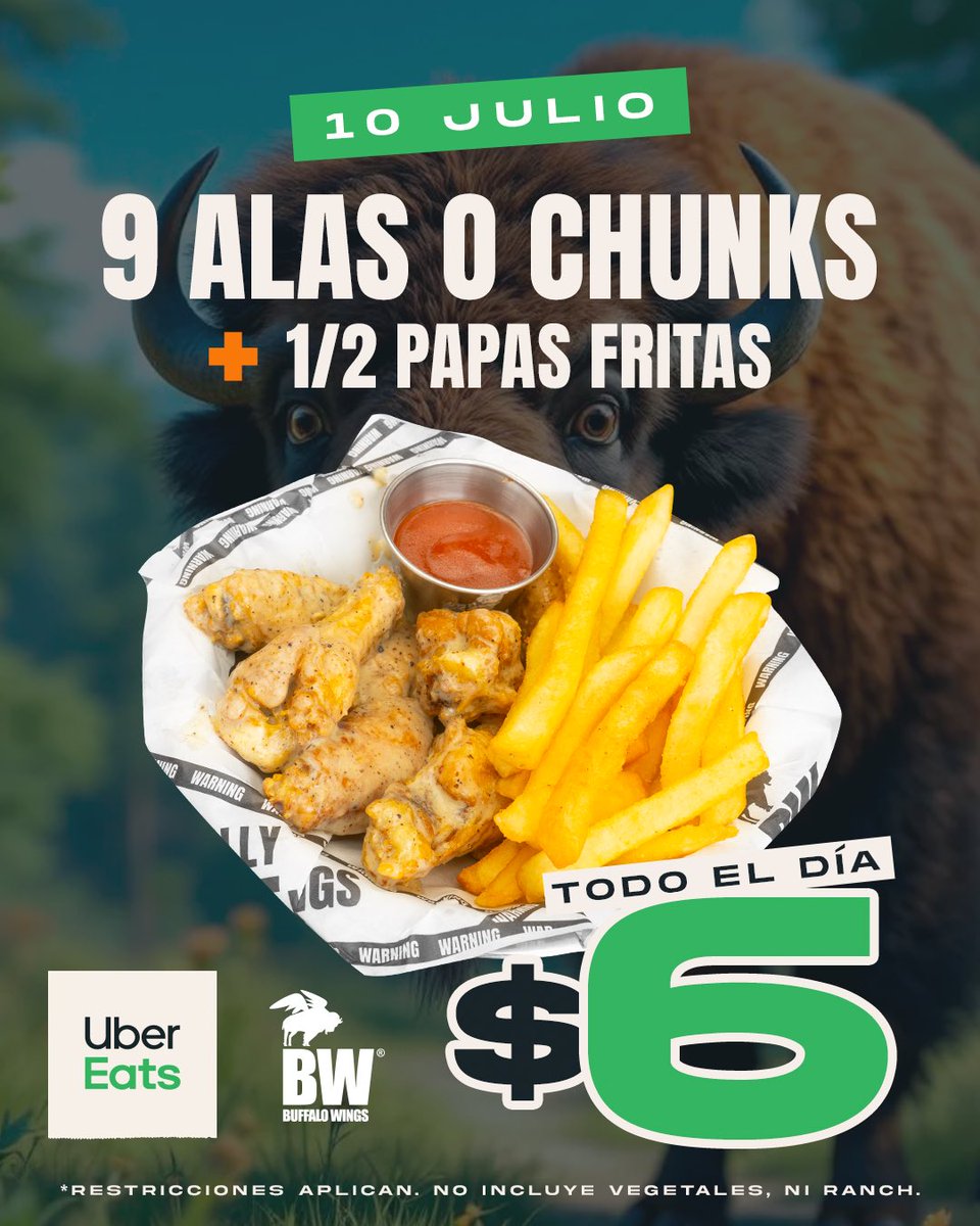 Hoy, 10 de julio, 9 alas ó chunks + 1/2 orden de papas fritas $6 al pedir únicamente a través de Uber Eats desde las 11:30am.