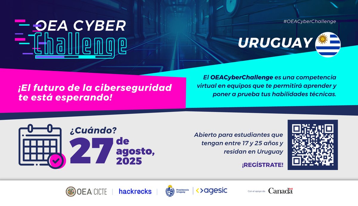 ¿Tenés entre 17 y 25 años, vivís en Uruguay y te interesa la tecnología?🇺🇾

El #OEACyberChallengeUruguay te invita a vivir una experiencia única en ciberseguridad.

¡No necesitás experiencia previa!

🗓️ Evento: 27 de agosto 👉 …-cyberchallenge-uruguay.hackrocks.com