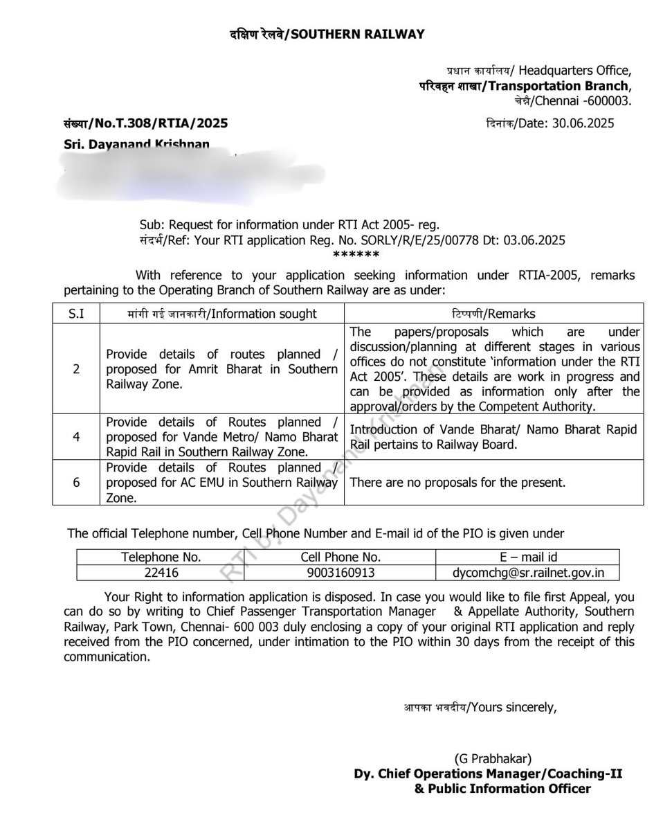dayatiger197312's tweet image. RTI reply to various Train Type Routes proposed in Southern Railway 
#AmritBharat route -under discussion / planning, donot constitute under RTI
#VandeMetro-Introduction pertains to RailwayBoard
#AC_EMU-No proposals for the present
No new AB/VM/AC_Emu coming in near future TN