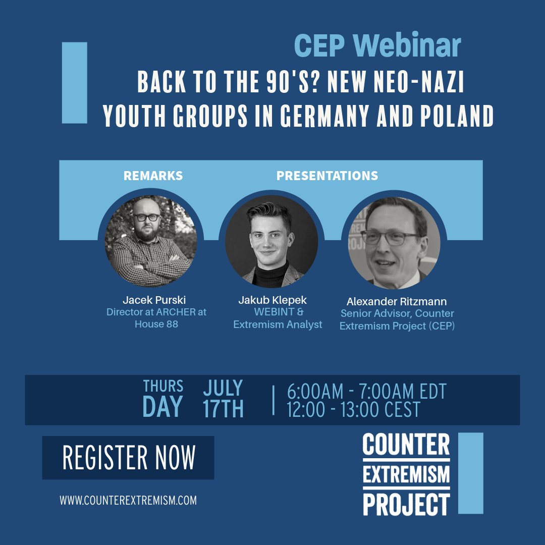 FightExtremism's tweet image. 🗓️IN ONE WEEK: @FightExtremism and @ARCHERatHouse88 host a webinar on new neo-Nazi youth groups in Germany and Poland. Our experts discuss the threat they pose and how to counter it. 
Join @jacekpurski @alexRitzmann &amp;amp; Jakub Klepek, register via🔗 counterextremism.com/press/cep-webi…