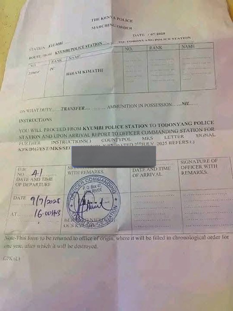 Police Officer who publicly opposed Interior affairs CS,Hon Kipchumba Murkomen's 'shoot to kill order' on Tiktok has been transferred from Kyumbi police station, off Machakos Junction, to Todonyang police station on the border of Kenya and Ethiopia.