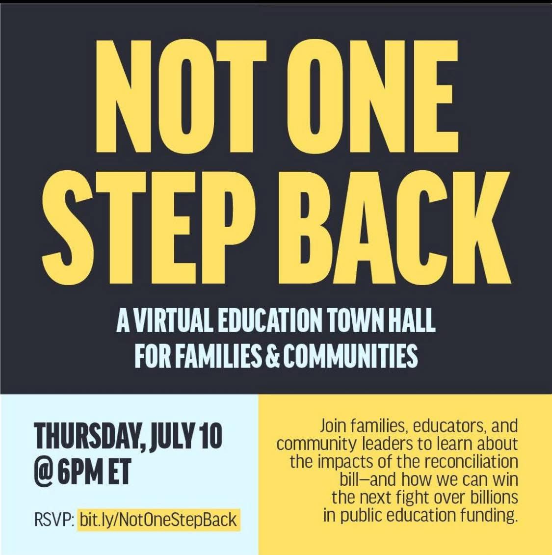 Students for Equity (@studforequity) on Twitter photo Tonight, July 10 at 6pm ET, a coalition of orgs are hosting Not One Step Back: An Education Town Hall for Families and Communities.
Speakers i.e community leaders, govt officials, educators, & parents.
Register here: bit.ly/NotOneStepBack
<a href="/NationalParents/">National Parents Union</a> Tonight, July 10 at 6pm ET, a coalition of orgs are hosting Not One Step Back: An Education Town Hall for Families and Communities.
Speakers i.e community leaders, govt officials, educators, & parents.
Register here: bit.ly/NotOneStepBack
<a href="/NationalParents/">National Parents Union</a>