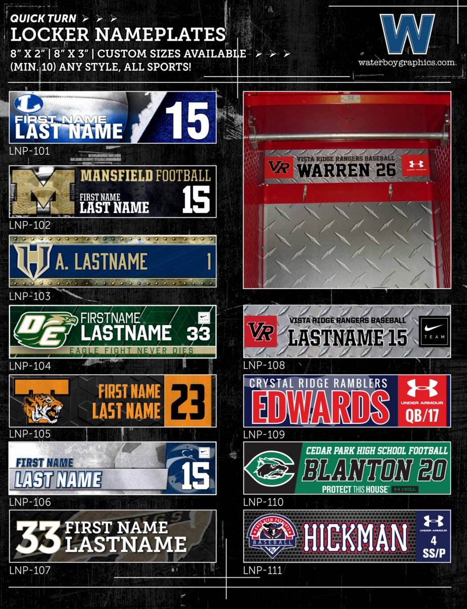 Miles Wallace (@waterboy_miles) on Twitter photo It’s that time of year…Locker nameplates are a great way to add some #branding to your locker room and help build school pride in your student athletes. <a href="/waterboy_tx/">Waterboy Graphics</a> can help!
————————————————
#WaterboyGraphics #WeBrandBig #WhenCultureMatters #CampusBranding #SchoolBranding It’s that time of year…Locker nameplates are a great way to add some #branding to your locker room and help build school pride in your student athletes. <a href="/waterboy_tx/">Waterboy Graphics</a> can help!
————————————————
#WaterboyGraphics #WeBrandBig #WhenCultureMatters #CampusBranding #SchoolBranding
