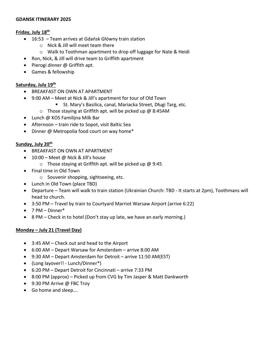 MrEricSully's tweet photo. Abigail &amp; 7 others from @FBCTroy53 left for a missions trip to Poland this morning. Pray for safe travels &amp; changes lives. The itinerary is attached &amp; after travel all times are +6 Eastern if you want to follow along. https://t.co/gmIf3NAWTC