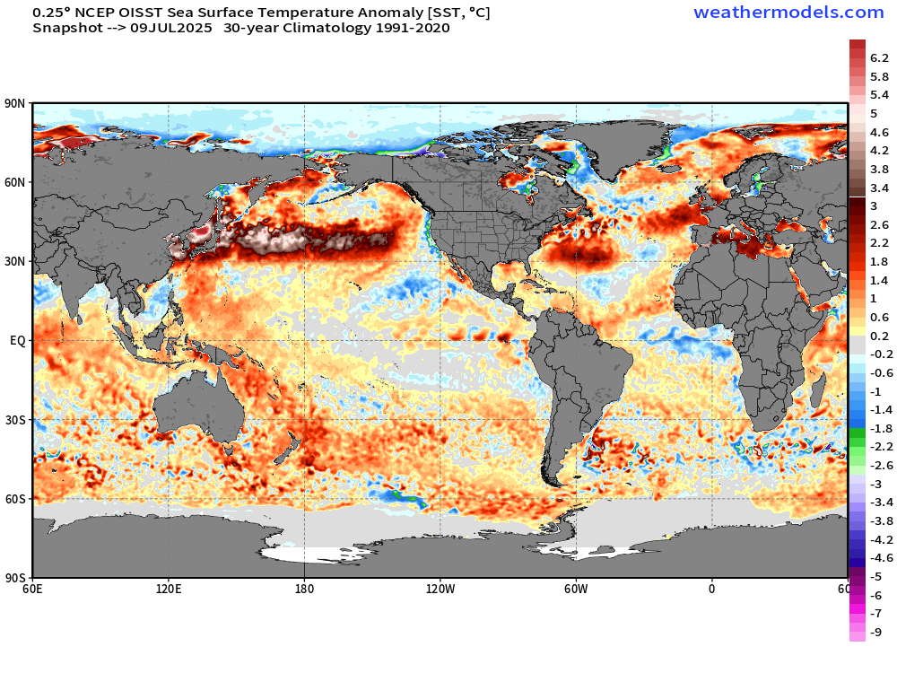 Son Küresel Deniz su yüzeyi Sıcaklığı Analizi 9 Temmuz 2025

Kuzey Pasifik Okyanusu’nda yüzeyinde belirgin aşırı ısınma var  ancak Amerika'nın Pasifik'e kıyıları ile Doğu Pasifik'te belirgin soğuk su anomalisi var dolayısıyla PDO negatif fazdadır. ENSO bölgesinde ise su yüzeyi
