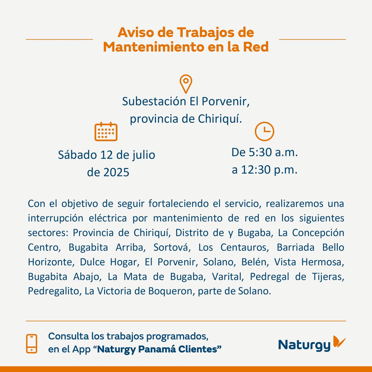 ProvinciadeChiriquí Trabajos de mantenimiento en la red para el día sábado  12 de julio en Subestación El Porvenir. @RTChiriqui @RetenChiriqui  @chiriquinotici1 @RadioChiriqui