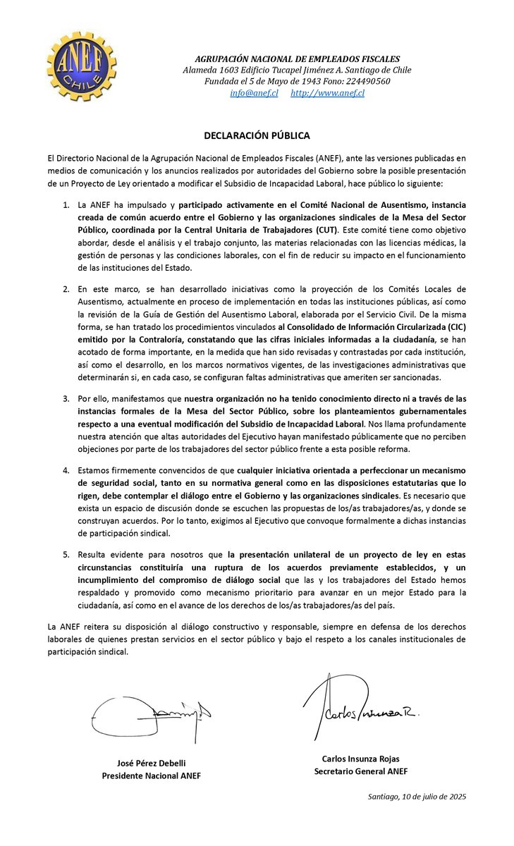 🔵DECLARACIÓN PÚBLICA ANEF SOBRE ANUNCIOS DE PROYECTO DE LEY DE SUBSIDIO DE INCAPACIDAD LABORAL

🧐Leer la declaración: anef.cl/declaracion-pu…