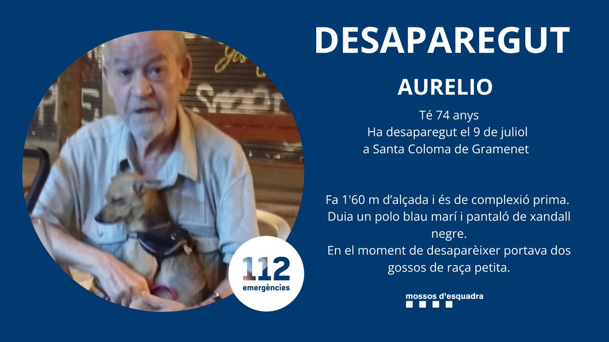 L'Aurelio va desaparèixer el 9 de juliol a Santa Coloma de Gramenet

Ajuda'ns a trobar-lo