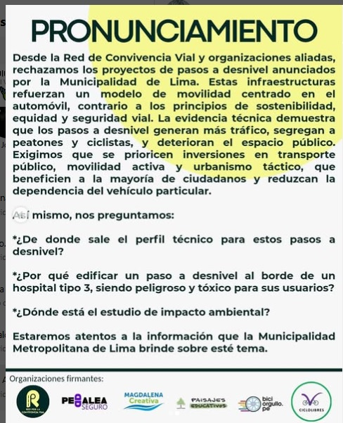 Pronunciamiento de <a href="/RedConVial/">Red por la Convivencia Vial</a> 
miren! <a href="/udealima/">UDEAL</a> <a href="/LimaesNuestra/">Lima Nuestra</a> <a href="/limacomovamos/">Lima Cómo Vamos</a> <a href="/gerardolipe/">gerardolipe</a> <a href="/FBalconcillo/">FrenteBalconcillo #NoalviaductodeLasAmericas</a> <a href="/TomateColectivo/">Tomate Colectivo</a> 
no a los pasos a desnivel! eso es innecesario!
#Movilizate #bastaya #ciclistaapoyaciclista #ciclistasunidos